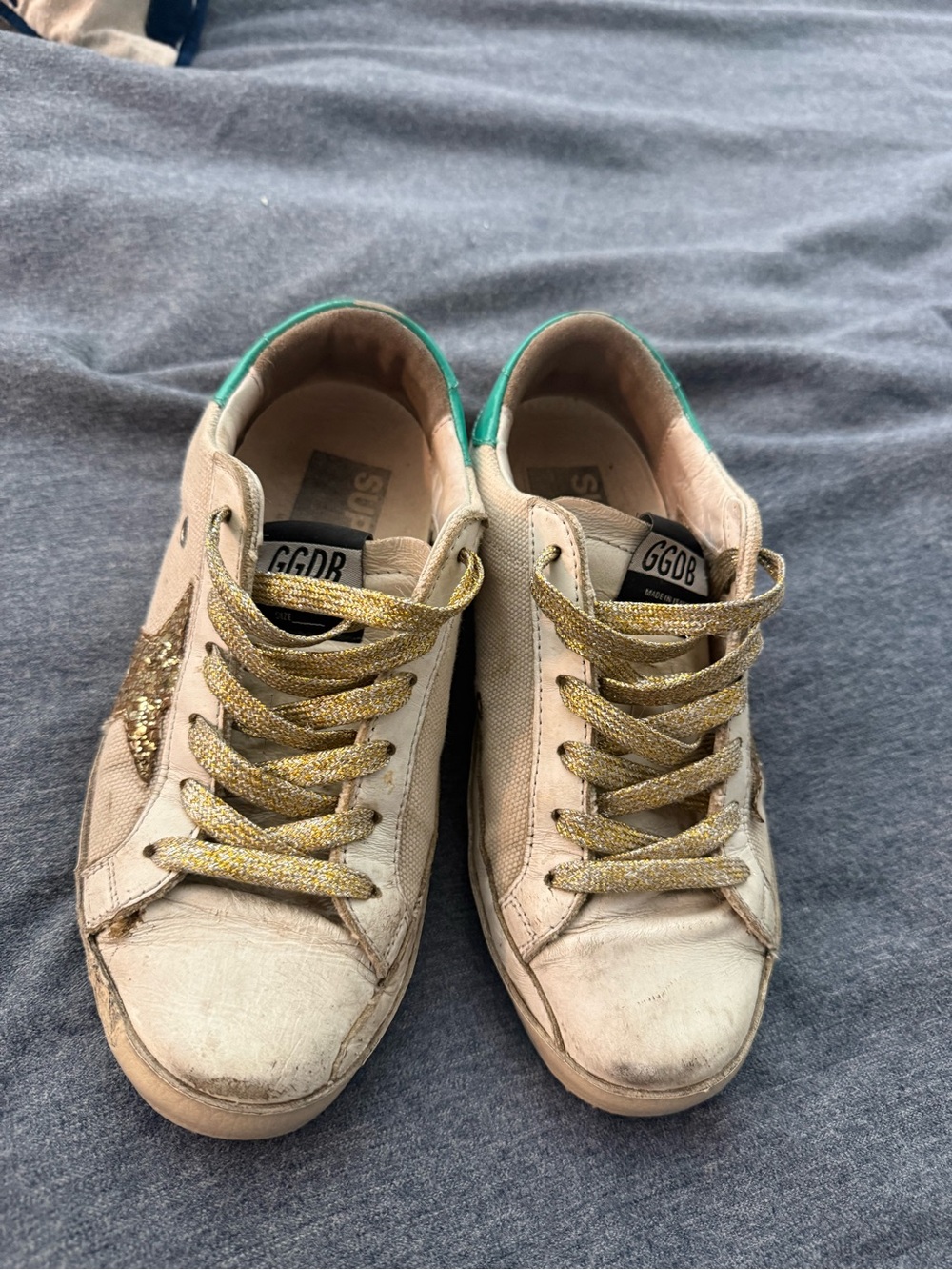 Golden Goose Beige Canvas Sneakers with Gold Glitter Star and Green Heel - Picture 2 of 7